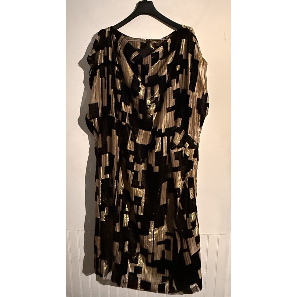 Donna Karan Velvet Printed Sheath Dress 24W Black Gold Elegant Party Cocktail